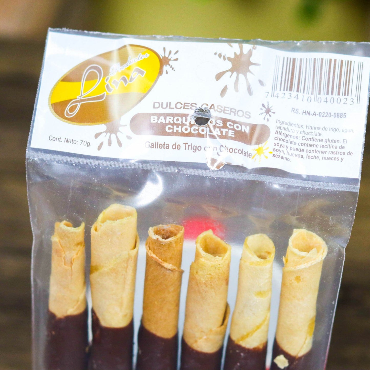 Barquillos con Chocolate. 70g. Productos Lina